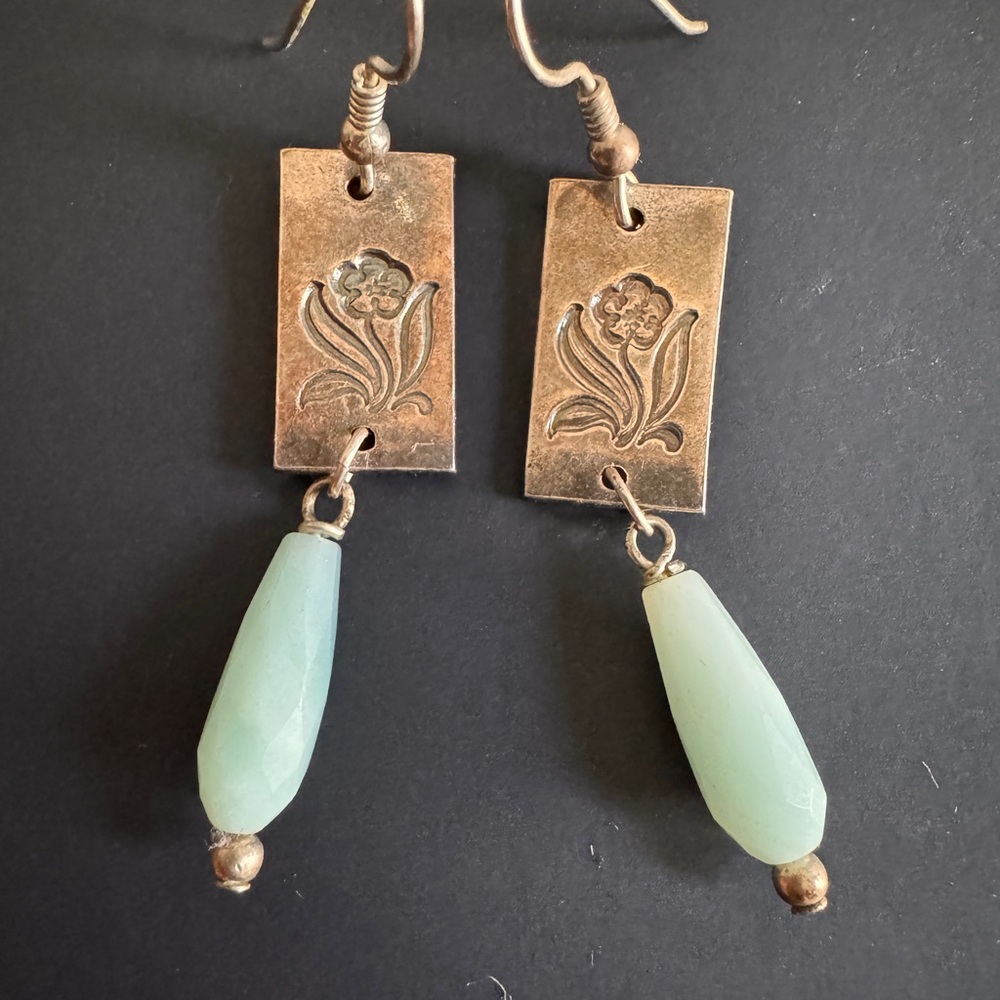 Elegant Floral Silver and Amazonite Earrings 2.5 inches long